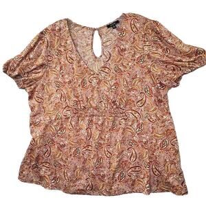 AUW Boho Paisley Print Babydoll Top Womens Plus 2X Short Sleeve‎ Lightweight